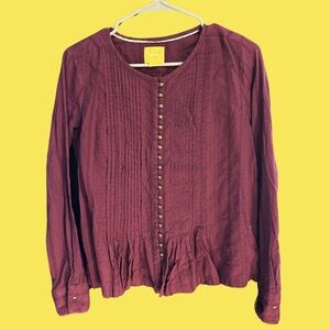 Anthropologie Maeve Plum Pintuck Blouse XS Cotton Brass Buttons Top